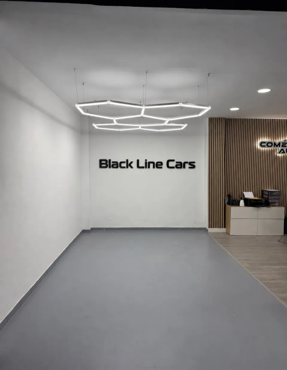 Sala interior do stand, com a parede Black Line Cars e iluminação hexagonal